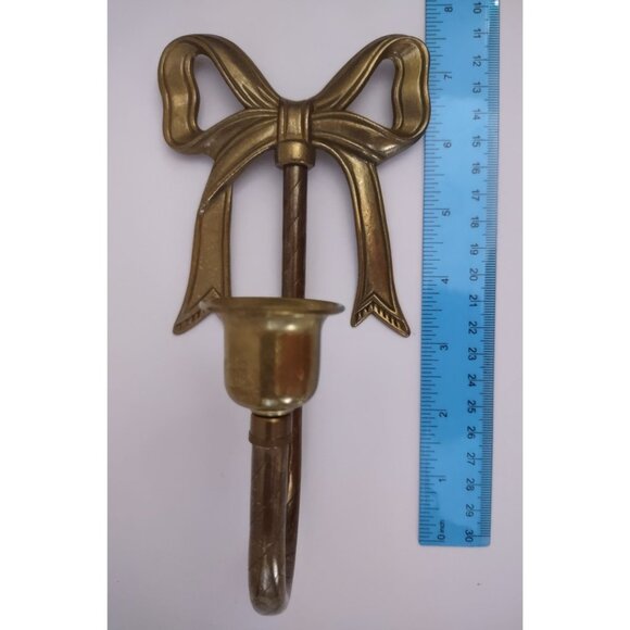 Brass Sconce Candle Holder Vintage Bow Wall Mount Taper 7-3/8" - Picture 3 of 5